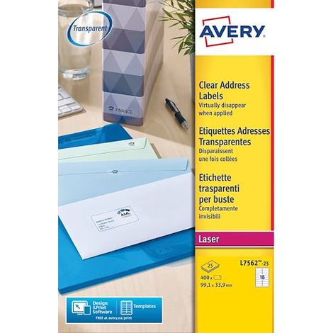 Etiquettes adresses laser 99,1 x 33,9 mm Avery L7562-25 transparentes - Pochette de 400 (1/4)