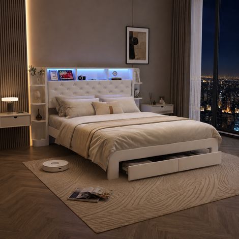 Lit coffre 160x200 cm capitonné velours blanc, 2 tiroirs de rangement, LED, ports USB pratiques (1/5)