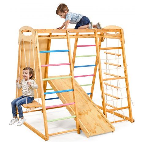 Aire de Jeux Intérieure en Bois 7-en-1, avec Balançoire, Barre de Singe, Toboggan, Échelle en Bois, Échelle de Corde, Filet et Planche d'Escalade, Charge 113 kg, Structure de Jeux pour Enfants (1/3)