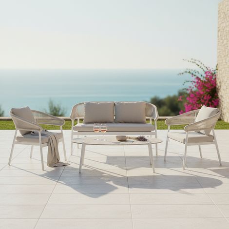 Moia Greenwood Salotto Cap-Ferrat Bianco Corda Cuscini Grigio 4 Posti