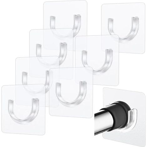 Tringle à rideau de douche 8 pièces, supports sans perçage, crochets adhésifs, clips muraux incurvés, bande plastique autocollante pour salle de bain et dressing