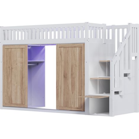 Lit mezzanine enfant 90x200 cm avec armoire, escalier de rangement, bois et MDF, blanc chêne (1/5)