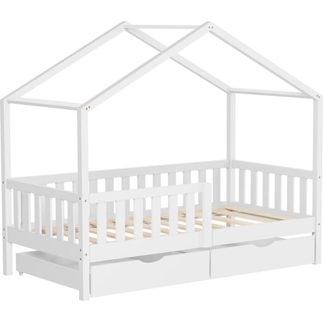ML-Design Letto Casetta con Tetto per Bambini 80 x 160 cm in Legno di Pino Bianco, Rete a Doghe, Barriera Anticaduta e 2 Cassetti Contenitore, Lettino Montessori a Pavimento, Letto Singolo per Bimbi