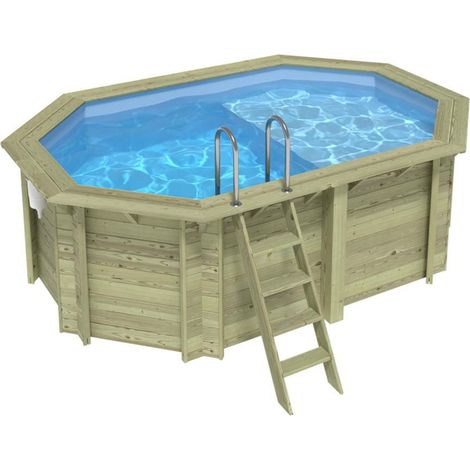 Piscine en bois NEMO 4.3 x 3 - H.1.31 m avec plage, bleu pâle, cadre en métal - sans dalle