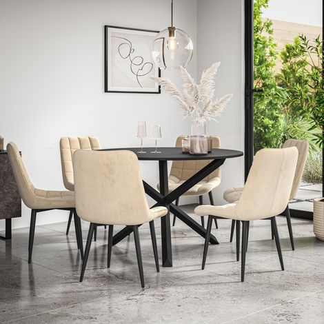 Malvern Round Dining Table And Chairs - Black Table Top w Solid Black Oak Legs + Nova Velvet Dining Chair Set Of 6 (Beige)