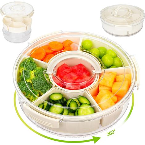 Snack Box Ronde, 6 Compartiments Rotative à 360° Boîte à Collation, Boite Compartiment Alimentaire avec Couvercle et Poignée, pour Collation Alimentaire, Légumes, Fruits, Noix, Bonbons (1/5)