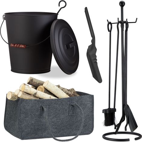 8 tlg. Kamin-Komplettset, Ascheeimer, Kohlenschaufel, Kaminholztasche, Kaminbesteck, Stahl, Filz, schwarz/anthrazit (1/5)