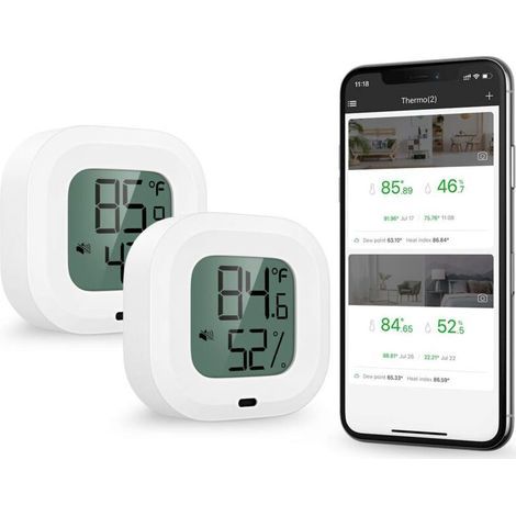 Bluetooth 5.0 Thermometer und Hygrometer, 2-teiliges Set, drahtlose App-Steuerung, präzises Temperatur- und Feuchtigkeitsmessgerät, Sensormonitor mit Display, Tasten und Alarmfunktion (1/5)