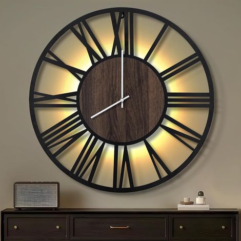 Grande horloge murale 40 cm pour salon, fonctionne sur piles, silencieuse, style bois et métal, éclairage LED moderne pour chambre/bureau. (1/5)
