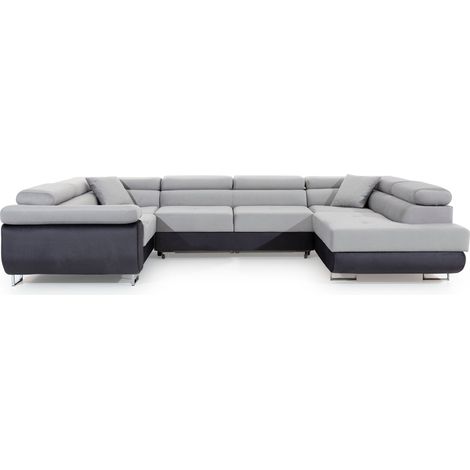 Canapé convertible panoramique TOVY velours - Rangement et têtières réglables à droite-Gris/Gris clair-Coffre à droite (1/5)