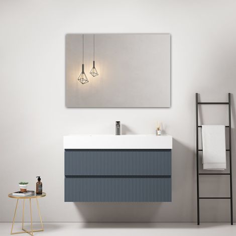 Mobile bagno sospeso cannettato 100 cm Blu Mare Lavabo in Resina Specchio Quadro - Fiji Paint