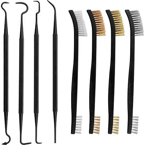 8 Pcs Small Wire Brush Kit - Wire Brushes for Cleaning and Unwinding - With Plastic Bristles, Stainless Steel, Brass, Phosphorous Bronze, Nylon and 4 Double End Hooks (1/4)