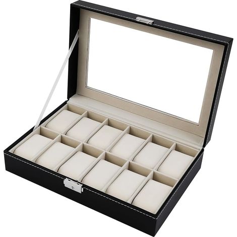 Boîte à Montres,Boîte/Présentoir,Rangement pour Montres en Cuir PU, avec 12 emplacements avec Coussins pour Montres,Cadeau pour Homme (1/5)