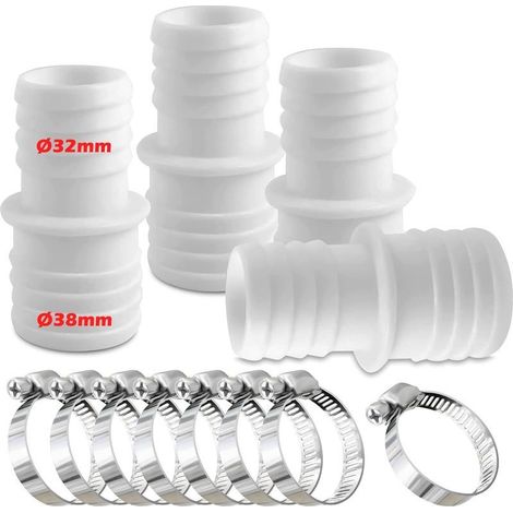 Lot de 4 raccords pour Tuyau Piscine, Raccord de Tuyau avec Colliers de Serrage, Ø 32 mm vers 38 mm de diamètre avec 8 Colliers de Serrage, Adaptateur de Tuyau de Piscine, Adaptateurs de Tuyau (1/5)