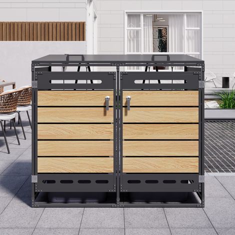 Mülltonnenbox à 2 compartiments avec couvercle hydraulique, finition bois, acier noir (1/5)