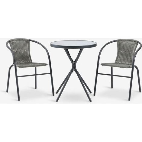 Conjunto de Balcón para 2 Personas Gris: Mesa Ø60x70cm + 2 Sillas con Reposabrazos Acero y Cristal Templado Exterior - ORION91oficial® (1/5)