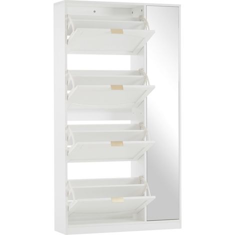 Meuble a chaussures avec miroir HOMVRA, 4 compartiments abattants, blanc, 80 x 24 x 147 cm (1/5)