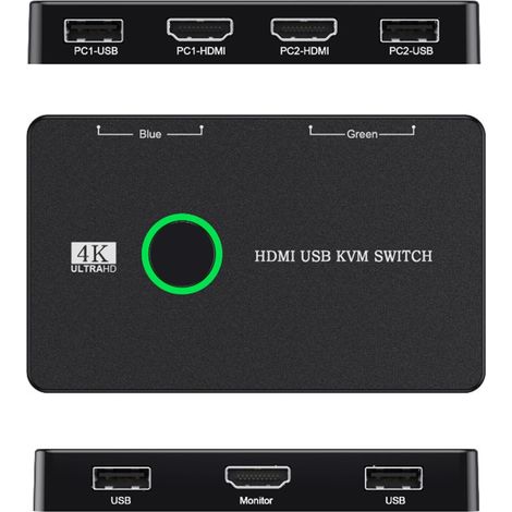 Commutateur KVM HDMI USB 2 Ports pour 2 PC Partage Clavier Souris Imprimante Moniteur HD Switch Sélecteur Vidéo Compatible Ordinateur Portable 1 Pièce Noir (1/5)
