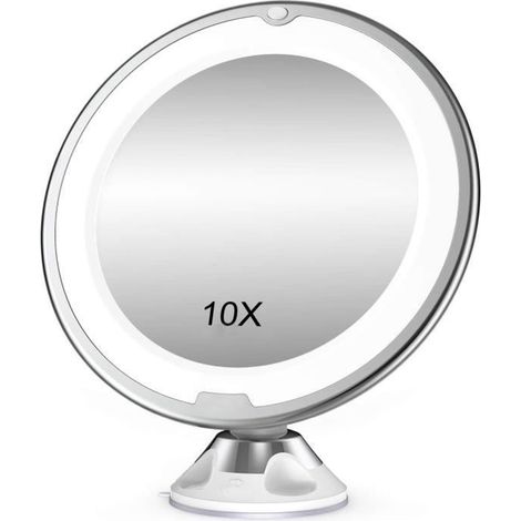 Miroir Grossissant 10x LED, Ventouse Puissante, Batterie - Lumière Dimmable, Parfait pour Salle de Bain et Voyage - Blanc