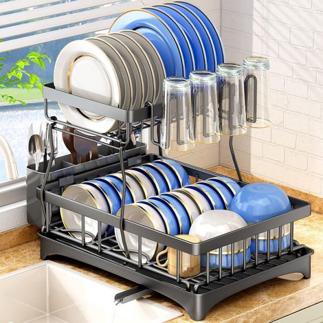 Égouttoir à ustensiles amovible 2 niveaux grande capacité avec porte tasses de comptoir cuisine Noir (1/4)