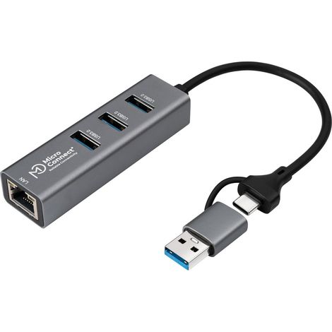 Hub MicroConnect USB 3.2 Gen 1 à 4 ports avec connecteurs Ethernet et USB-C et A, usbhub-RJ45-2IN1