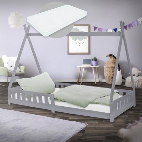 ML-Design Cama Infantil Tipi Gris Claro 200x90 cm + Colchón Hipoalergénico 16cm, Protección Anticaída y Somier, Cuna Juvenil de Madera Maciza de Pino para Niño en Forma de Casa, Juego Lecho de Suelo (1/5)