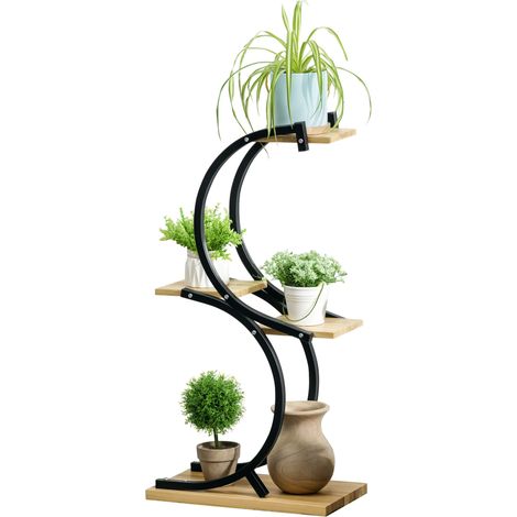 Outsunny 4-Etagen Pflanzenständer, S-Förmig Blumenständer für Innen Außen, 91cm hoch Pflanzenregal aus Metall Holz, Blumenregal, Blumentopfständer für Wohnzimmer, Garten Balkon, Schwarz