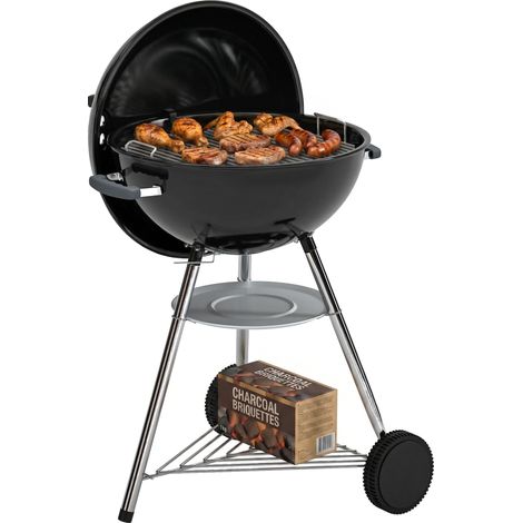barbecue portatile a carbone, griglia esterna rotonda con coperchio, termometro, ruote, nero.