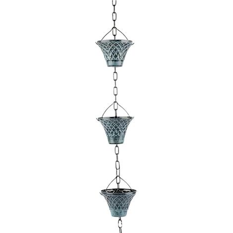 Chaîne de pluie bleue bronze de 2,7 m - Inverseur de gouttière en fer - Décoration de jardin d'extérieur pour tuyau de descente - Débit d'eau - Design géométrique élégant - Installation facile