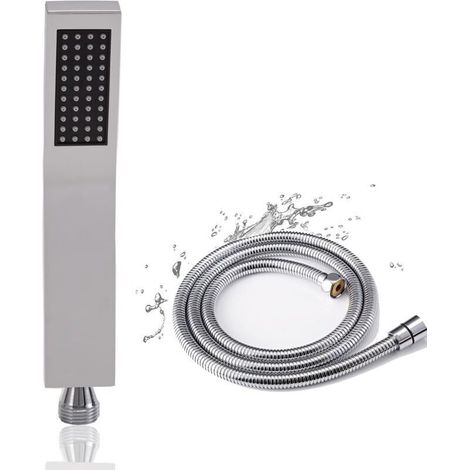 CSPARKV Pommeau de Douche avec Tuyau, Pommeau Douche + 1,5 M Tuyau de Douche Flexible, Haute Pression Douchette Pommeau Economiseur d'eau, Douchette Pommeau Acier Inoxydable, 1 Modes (Carré) (1/4)