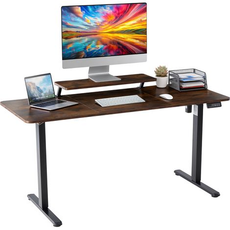 Höhenverstellbarer Schreibtisch 140 x 60 cm, Elektrischer Schreibtische Höhenverstellbar, Gaming Tisch mit Monitorständer, Stehpult Verstellbarer Computertisch, Adjustable Standing Desk, Braun (1/5)