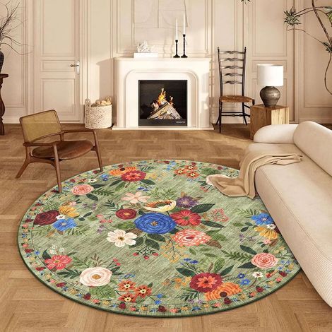 Runder Teppich (160 cm), maschinenwaschbar, rutschfest, kurzflorig, hellgrün, Boho-Stil mit orientalischem Blumenmuster, geeignet für Wohnzimmer, Schlafzimmer, Esszimmer, Kinderzimmer, Spielzimmer. (1/5)