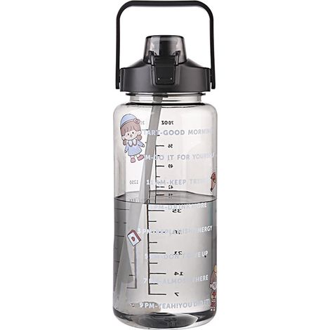 Bouteille d'eau 2000 ml étanche, résistante à haute température, noire, avec paille et marqueur de temps, design motivant. (1/5)