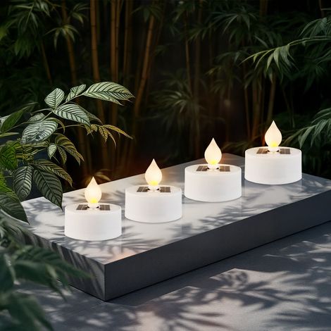 Solar LED Teelicht 5cm mit Flammen Effekt warm weiß - 4er Set - Künstliche Kerze für Außen mit Flackereffekt