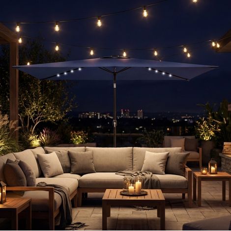 Ombrellone da balcone a LED solare, 300 x 200 cm, inclinabile con manovella, con telo di copertura, in poliestere blu navy. (1/5)