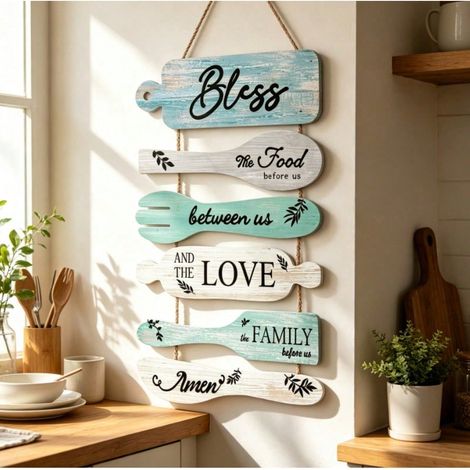 Panneau mural suspendu en bois rustique, plaque en bois en forme de fourchette et cuillère avec impression de texte, décoration murale suspendue pour cuisine et salle à manger style ferme (1/3)