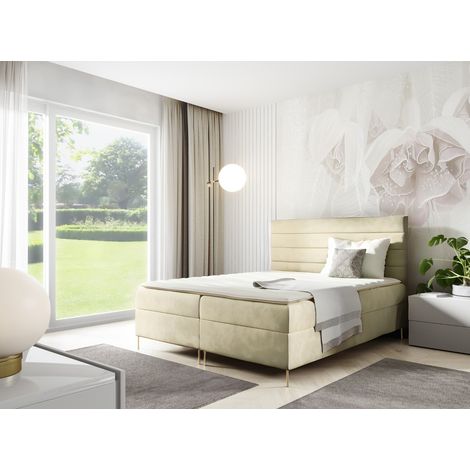 Sofello Boxspringbett DAKOTA 140 x 200cm 2x Bettkasten TOPPER 5cm Gratis Beige Velour hohe goldene Beine (1/5)