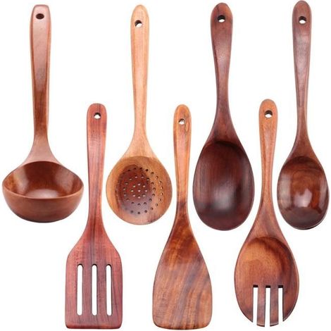 7 Ustensiles de Cuisine en Bois Teck PièCes SéRies, CuillèRes AntiadhéSives et Ustensiles de Cuisine Spatule pour et la (1/4)