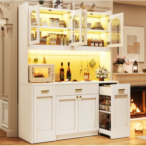 Hochküchenschrank 120cm mit RGB-LED, App-Steuerung, 3 Glasvitrinen, Schubkästen & beidseitigen Roll-Ablagen, Weiß/Schwarz (1/5)