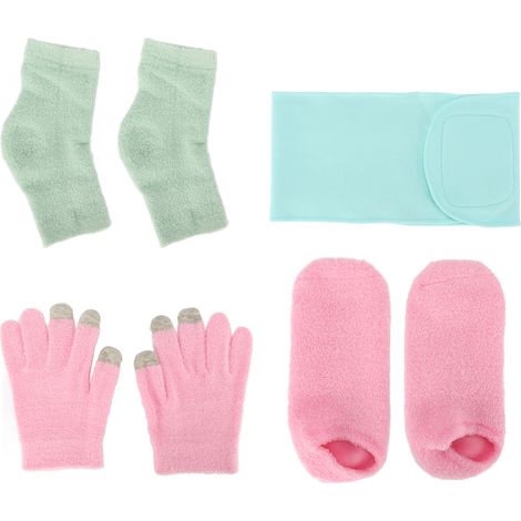 Gants et chaussettes spa gel hydratants à l'huile essentielle réparatrice, lot comprenant masque cou bleu pour talons et mains. (1/5)