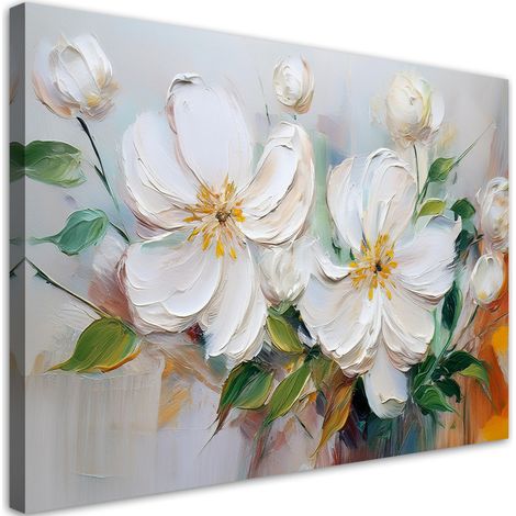 Quadro su tela, Fiori bianchi trapuntati come dipinti - 60x40 (1/3)