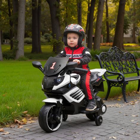 6V Elektromotorrad für Kinder mit Stützrädern, Musik und Scheinwerfer für Kinder von 46-91 cm (18-36 Zoll), Weiß