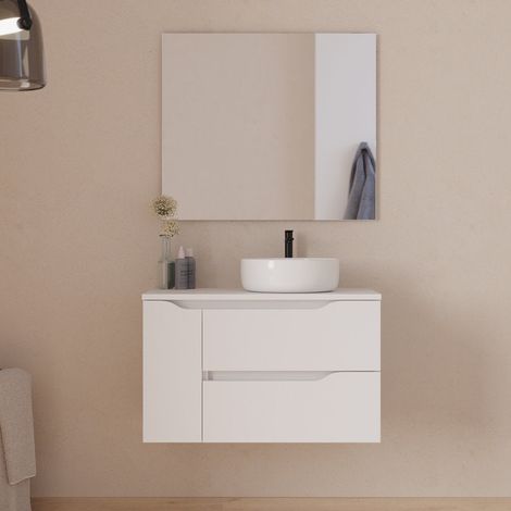 Meuble de salle de bain 80cm avec plateau, vasque à poser déportée à droite Ares et miroir - 2 tiroirs et un placard - blanc - ZARZA