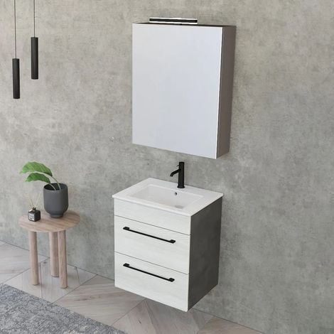 Mobile bagno sospeso 55 cm Smart bianco legno/lava con lavabo e specchio (1/5)