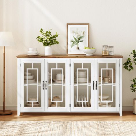 Buffet de cuisine 160x40x86cm avec portes vitrées et plan de travail aspect bois - mdf (1/5)