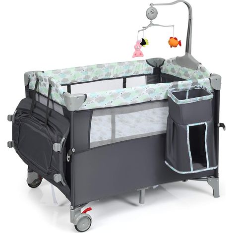 COSTWAY Cuna de Viaje para Bebé Cambiador,Cama de 2 Niveles con Juguetes Colgando,Caja de Música, Colchón y Bolsa de Transporte