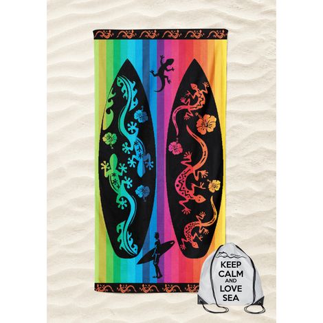 SERVIETTE DE PLAGE en éponge de pur coton Jeko Surf taille grand cm. 90 X 165 et sac à dos de plage