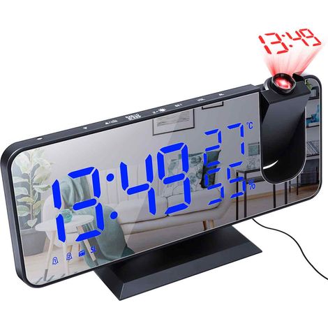 Réveil projecteur pour chambre, réveil numérique avec chargeur USB, projecteur à 180°, grand écran LED, fonction snooze, idéal pour les enfants et les gros dormeurs, chiffres noirs et bleus.
