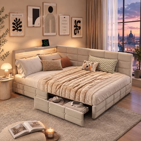 Lit canapé 140x190 cm, tête L lin beige, tiroirs à roulettes, ports USB‑AC, LED RGB, design capitonné (1/5)