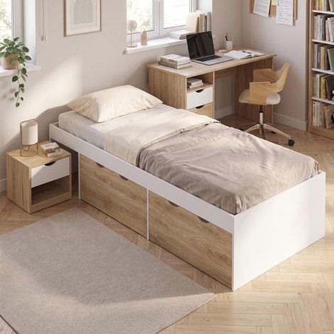 Cama individual EDOUARD con mesita de noche y 2 cajones con ruedas, y somier de 90 x 190 cm en blanco y haya (1/5)